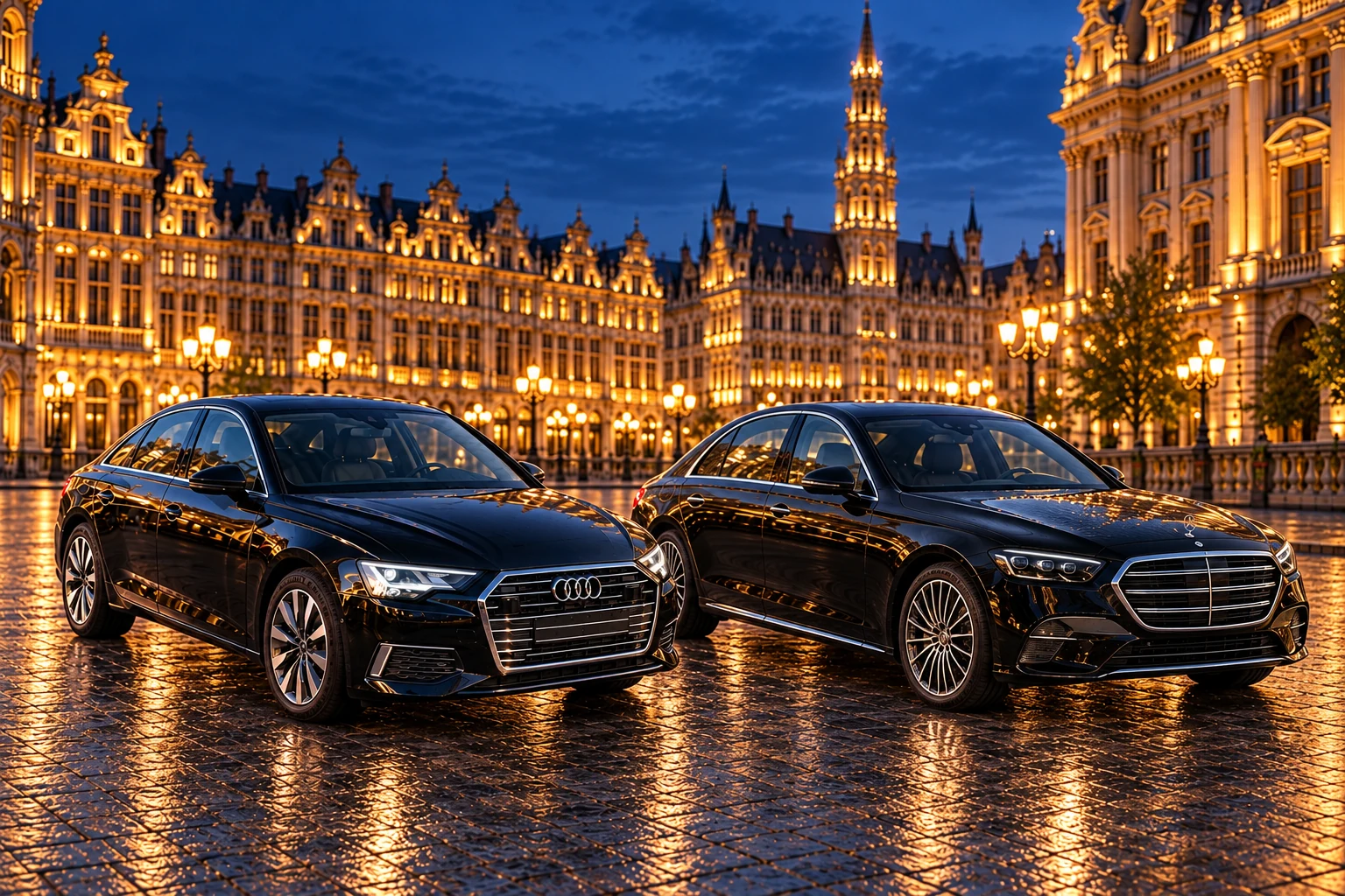 Audi et Mercedes noires côte à côte devant la Grand-Place de Bruxelles
